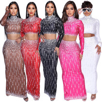 Hot stamping two-piece dress, cross-border foreign trade long sleeved top, hip hugging split skirt, party set