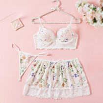 Sexy lingerie lace floral bra short skirt thong three piece set