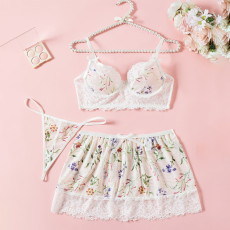 Sexy lingerie lace floral bra short skirt thong three piece set