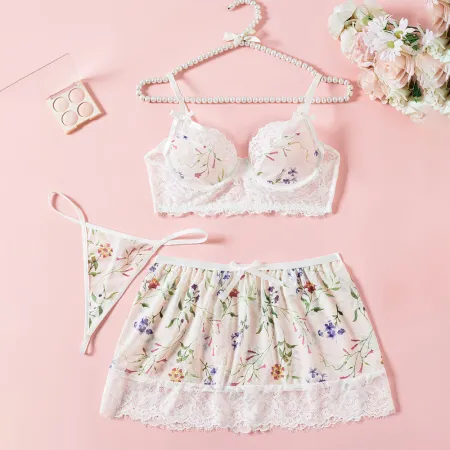 Sexy lingerie lace floral bra short skirt thong three piece set