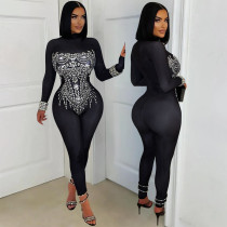 Long sleeved jumpsuit with hot stamping and tight fitting, fashionable nightclub women's clothing