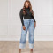 Women's solid color washed pants with folded legs and hip hugging long jeans in stock