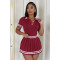women's new color blocked knitted sweater with exposed waist, POLO collar, short sleeved pleated skirt two-piece set