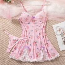Sexy and erotic sleepwear with lace see through print, tempting nightgown and thong two-piece set for women