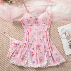 Sexy and erotic sleepwear with lace see through print, tempting nightgown and thong two-piece set for women