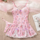 Sexy and erotic sleepwear with lace see through print, tempting nightgown and thong two-piece set for women