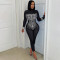 Long sleeved jumpsuit with hot stamping and tight fitting, fashionable nightclub women's clothing
