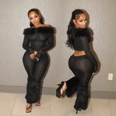 Long sleeved one shoulder top, slim fit long pants, hairy two-piece set