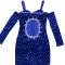 Falling shoulder hollowed out diamond embellished sequin skirt, sexy and spicy girl wrapped hip dress