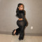 Long sleeved one shoulder top, slim fit long pants, hairy two-piece set