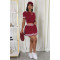 women's new color blocked knitted sweater with exposed waist, POLO collar, short sleeved pleated skirt two-piece set