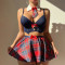 Sexy lingerie set, seductive, plaid, passionate uniform, bra, short skirt, thong, three piece set