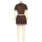 women's new color blocked knitted sweater with exposed waist, POLO collar, short sleeved pleated skirt two-piece set