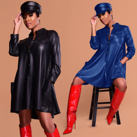Autumn and winter new leather PU loose solid color patch bag dress  Excluding hats