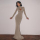 Ladies' elegant high neck fishtail dress cross-border sexy round neck long sleeved tight fitting dress