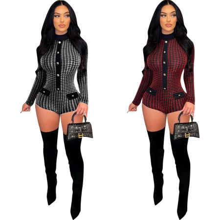 Nightclub style sexy tight fitting houndstooth long sleeved jumpsuit shorts