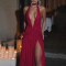 New sexy hanging neck backless shiny silk long dress cross-border hot selling V-neck slit slim fit dress