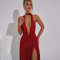 New sexy hanging neck backless shiny silk long dress cross-border hot selling V-neck slit slim fit dress