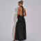 New sexy hanging neck backless shiny silk long dress cross-border hot selling V-neck slit slim fit dress
