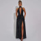 New sexy hanging neck backless shiny silk long dress cross-border hot selling V-neck slit slim fit dress