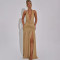 New sexy hanging neck backless shiny silk long dress cross-border hot selling V-neck slit slim fit dress