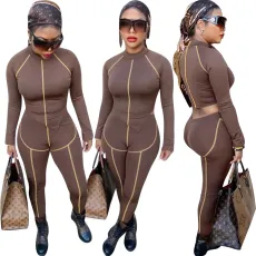 Fashion women's brown two-piece set, sexy tight pants, long sleeved two-piece set