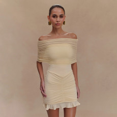 Women's sexy off shoulder dress, European and American sexy strapless slim fit with ruffled edges and hip hugging skirt