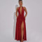 New sexy hanging neck backless shiny silk long dress cross-border hot selling V-neck slit slim fit dress