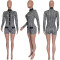 Nightclub style sexy tight fitting houndstooth long sleeved jumpsuit shorts