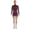Nightclub style sexy tight fitting houndstooth long sleeved jumpsuit shorts