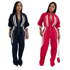 Velvet stand up collar 7-inch sleeve off shoulder style waist cinching long zipper jumpsuit pants