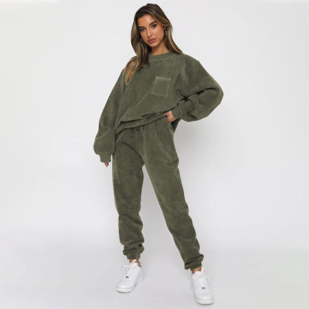 Fashionable sports and casual loose fitting women's round neck long sleeved drawstring pocket pants set