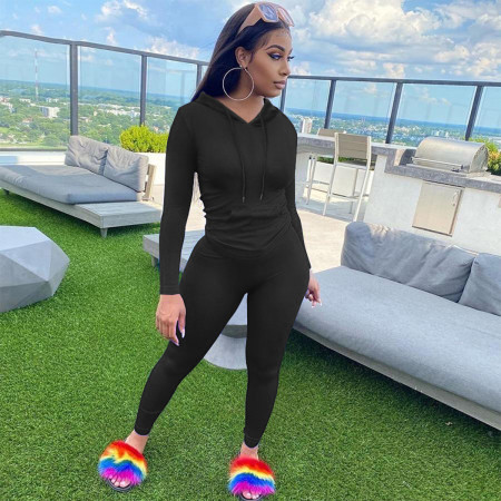 Autumn and winter casual women's sports long sleeved hooded top, tight pants, solid color fitness suit