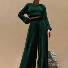 Autumn and winter casual pleated women's fashion solid color long sleeved round neck top wide leg pants set