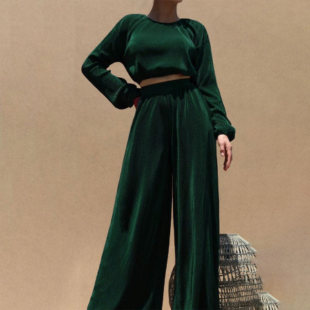 Autumn and winter casual pleated women's fashion solid color long sleeved round neck top wide leg pants set