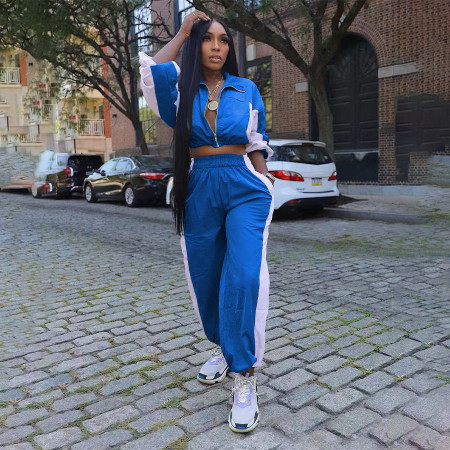 Autumn and winter street women's casual long sleeved zipper waist up top with drawstring straight leg pants set