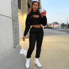 Ladies' casual autumn and winter plus velvet drawstring long sleeved short hoodie with vest and jogging pants