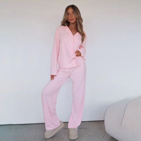 Spring and Autumn Home Comfortable Long Sleeve Collar Single breasted Top Straight Pants Set