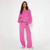 Autumn and winter women's fashionable loose velvet hooded long sleeved zipper straight leg pants set