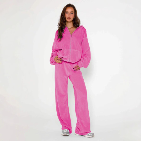 Autumn and winter women's fashionable loose velvet hooded long sleeved zipper straight leg pants set