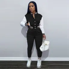 Coat single breasted patchwork long sleeved sports high waisted pants casual baseball set