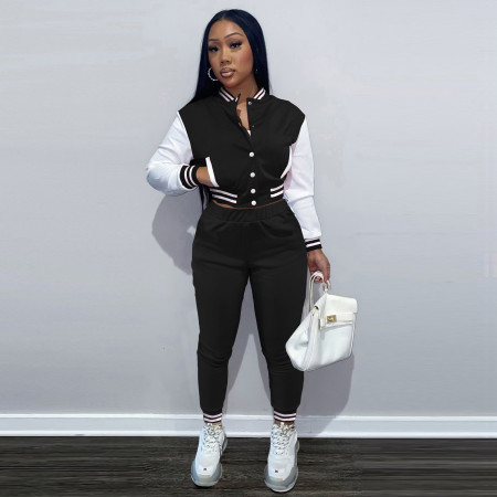 Coat single breasted patchwork long sleeved sports high waisted pants casual baseball set