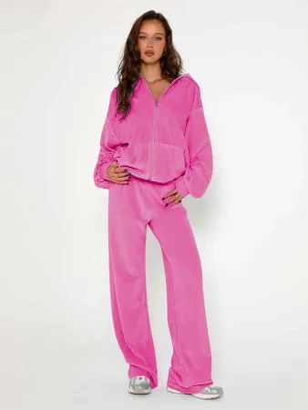 Autumn and winter women's fashionable loose velvet hooded long sleeved zipper straight leg pants set