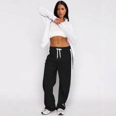 Autumn and winter contrasting elastic waistband drawstring loose straight leg pants, casual fashion with plush sports pants
