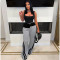 Women's fashion denim patchwork elastic waistband drawstring loose straight leg pants