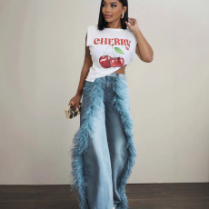 Splicing hairy edge decoration denim straight leg pants