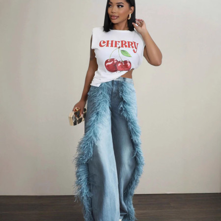 Splicing hairy edge decoration denim straight leg pants