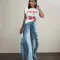 Splicing hairy edge decoration denim straight leg pants