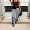 Women's fashion denim patchwork elastic waistband drawstring loose straight leg pants