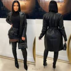 Women's cardigan with lapel buttons, versatile and warm on the street, trendy long leather jacket